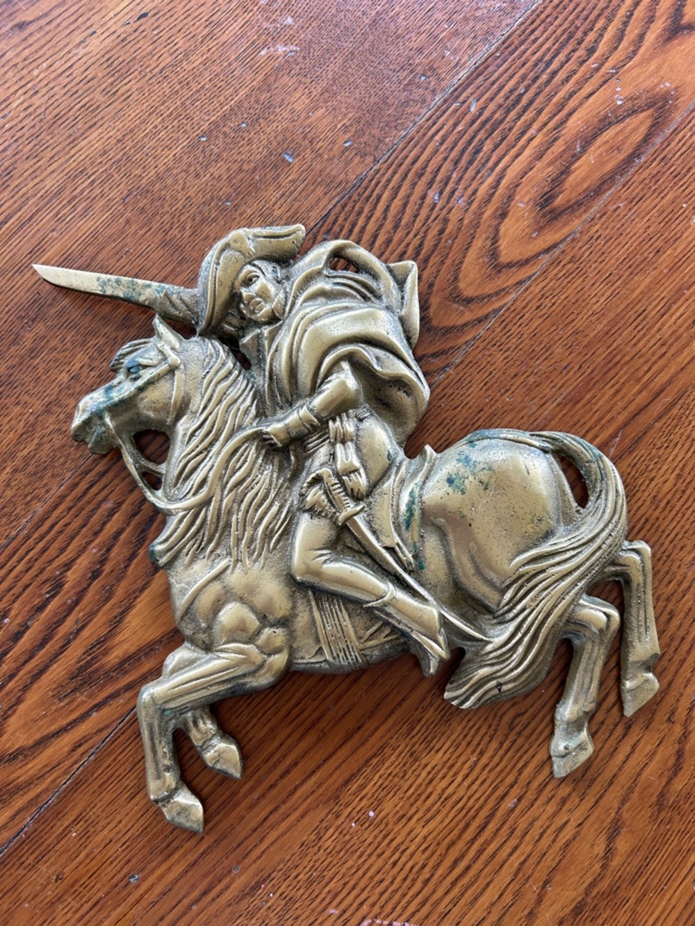 Brass Knight on Horseback Wall Plaque - Gold Tone